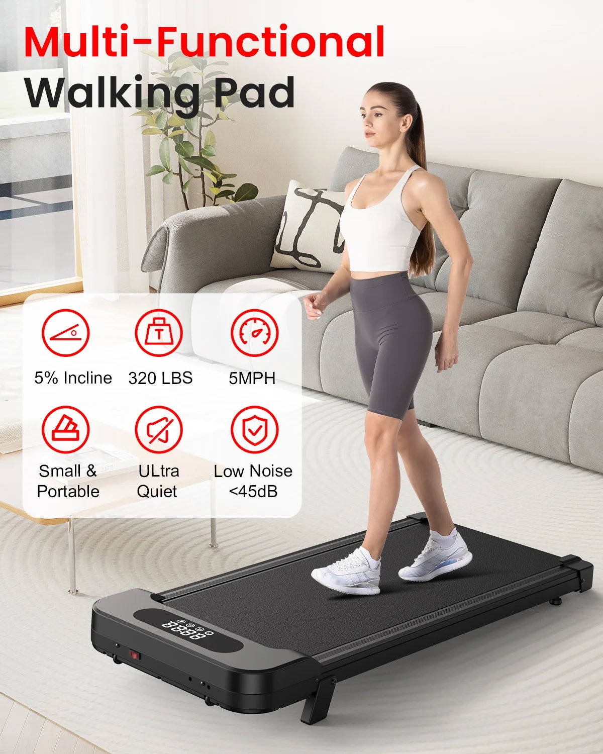 Incline Walking Pad, 4 in 1 under Desk Treadmill with Remote Control and LED Display, Compact Treadmill for Home & Office, Black